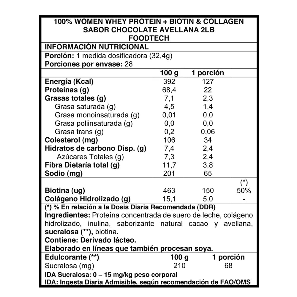 100% WOMEN WHEY PROTEIN CHOCOLATE AVELLANA  2LB - FOODTECH